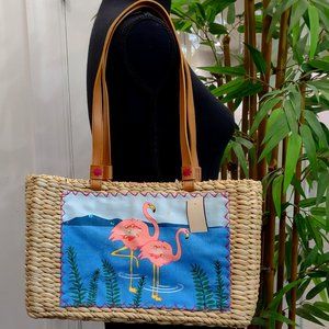 Straw Bag with Pink Flamingos